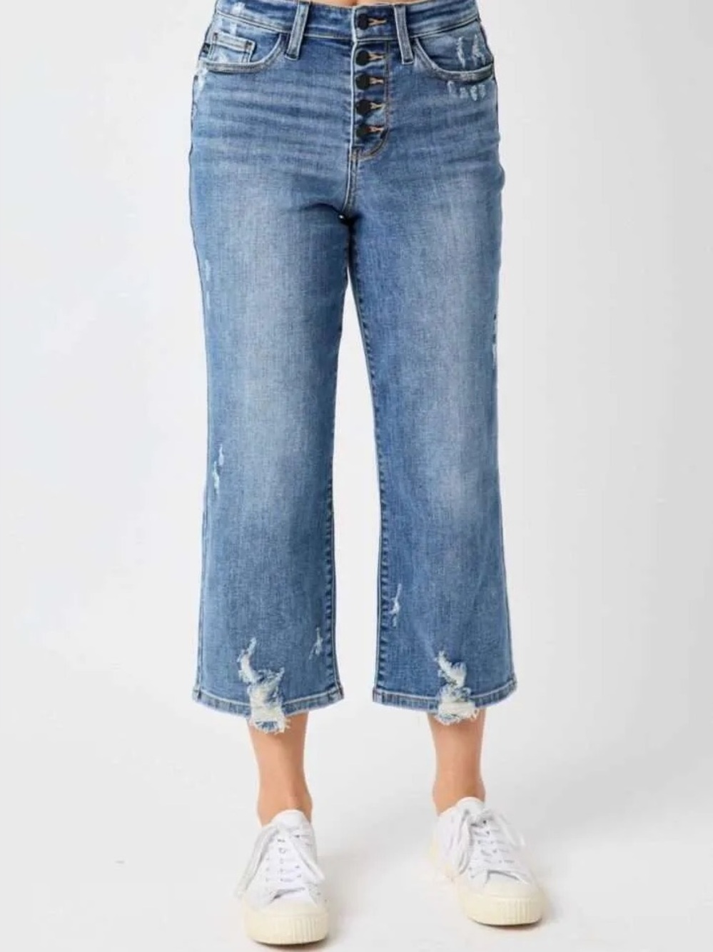 Judy Blue Mid Wash High-Rise Wide Leg Jeans with Distressed Hem